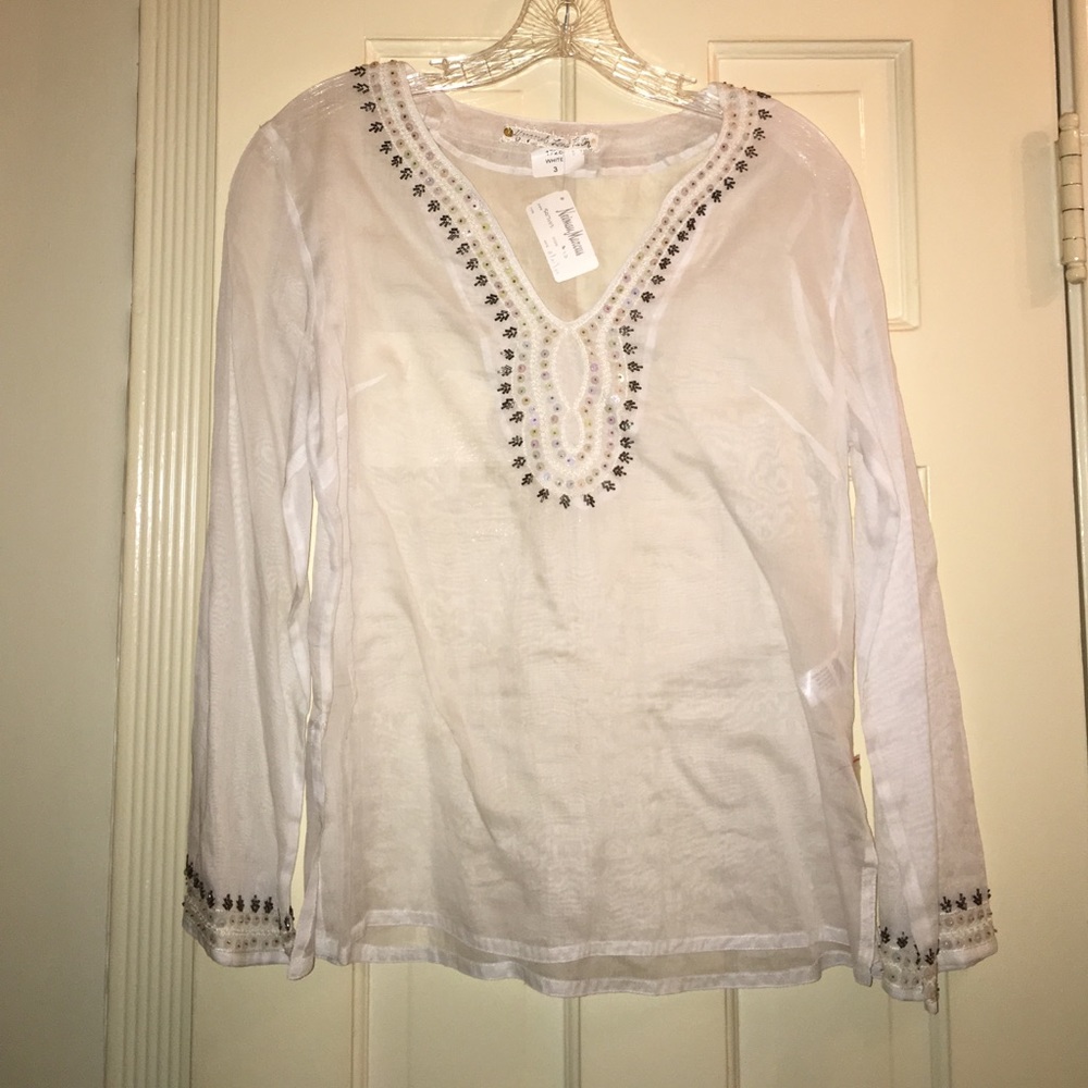 White cotton v-neck bead/sequin top