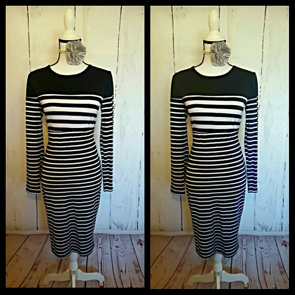 Long Sleeve Black and White Striped Midi Dress