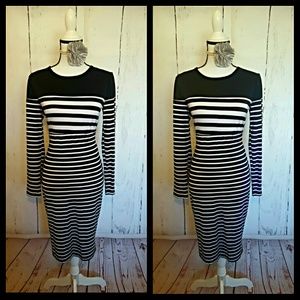 Long Sleeve Black and White Striped Midi Dress