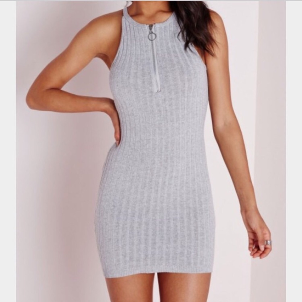 Missguided Grey Ribbed O-Ring Zip Dress