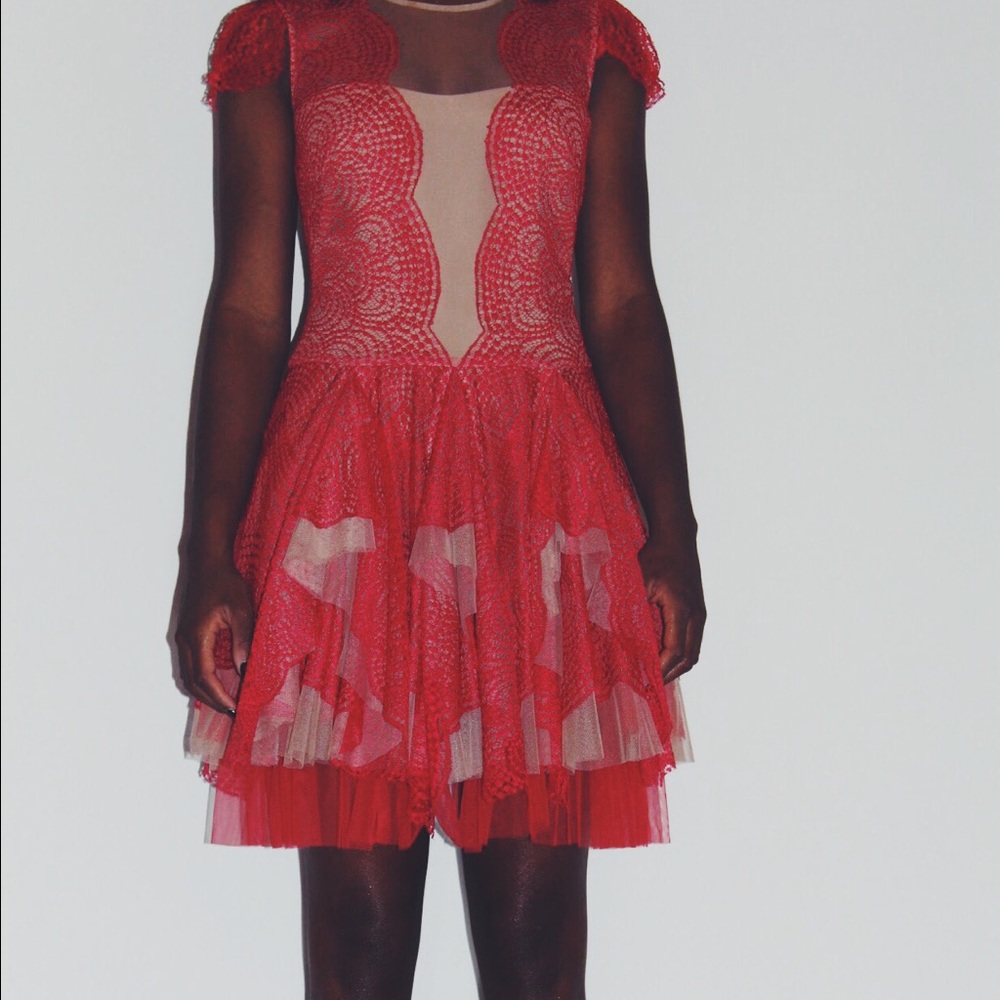 Red and nude lace BCBG dress