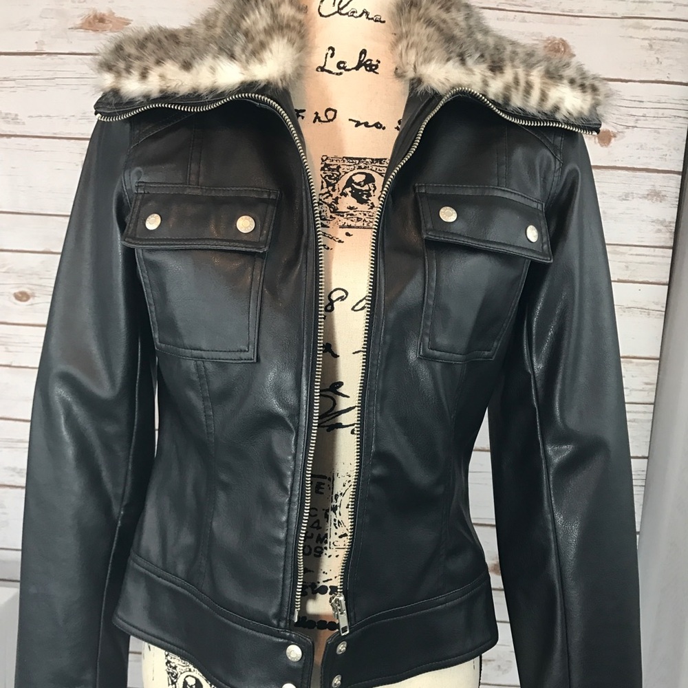 Black leather jacket with fur collar