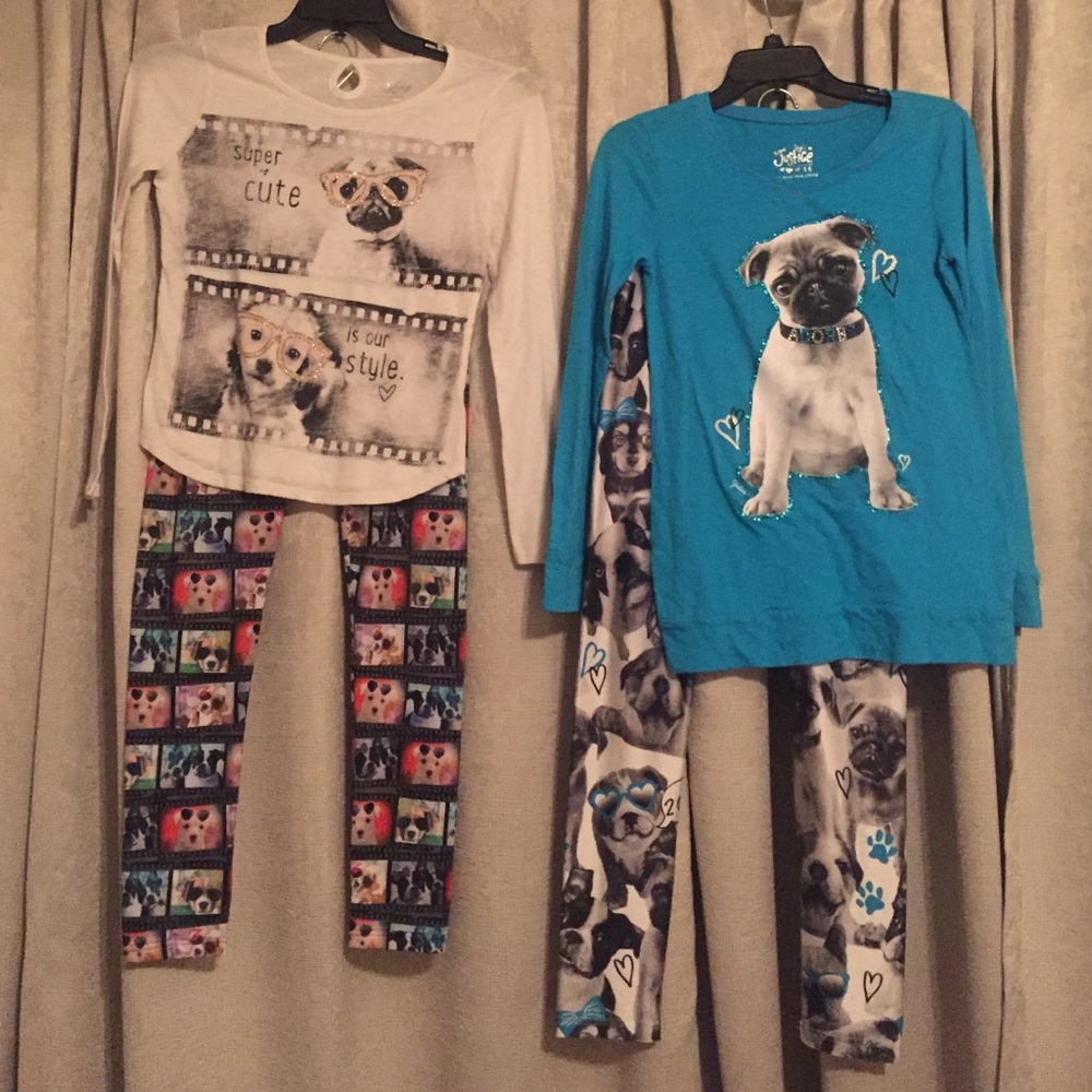 Justice leggings and long sleeve t-shirts.