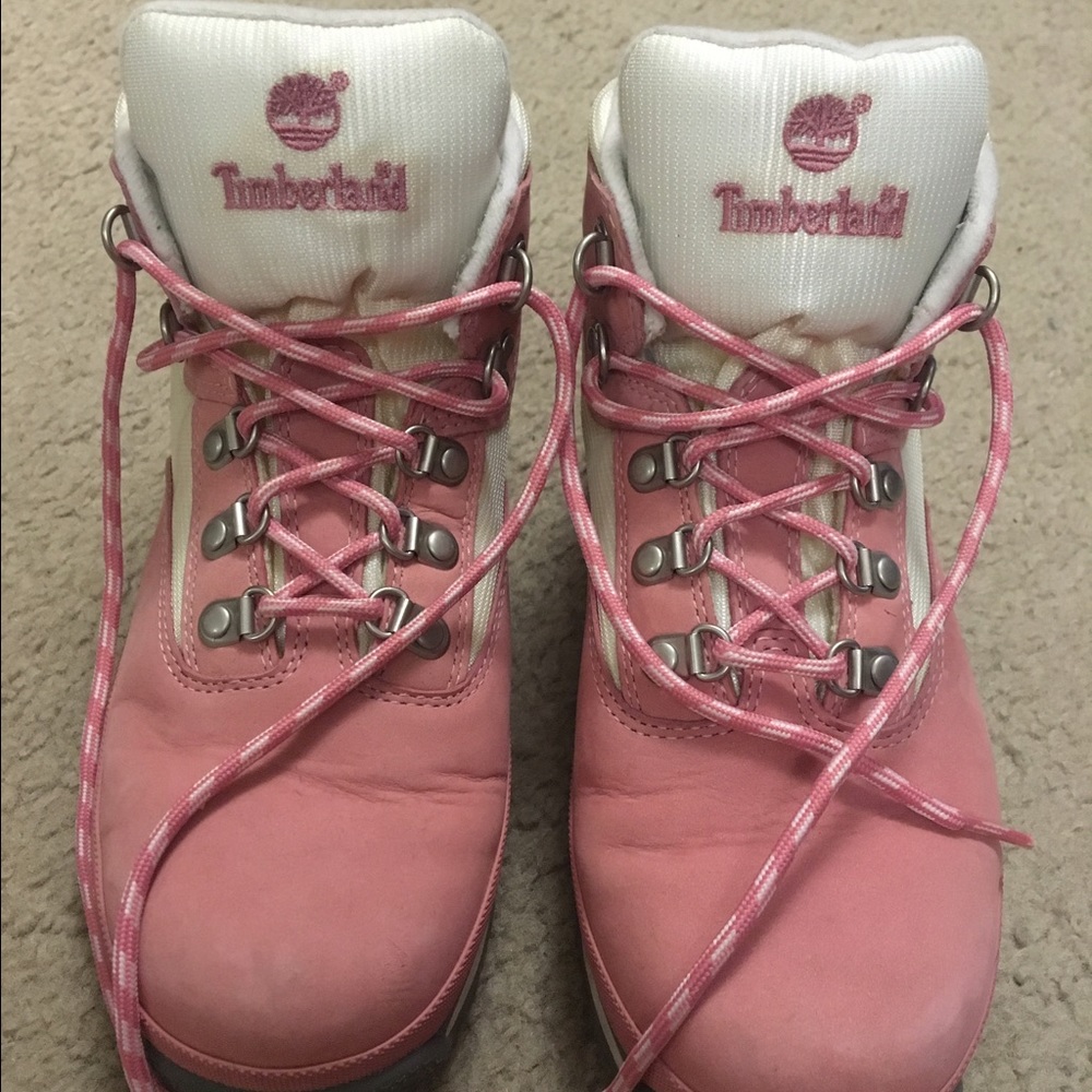 Pink and white size 6 Timberland boots