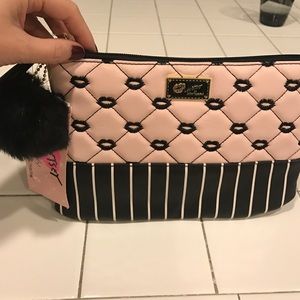 Betsy Johnson clutch baby pink black stripe lips