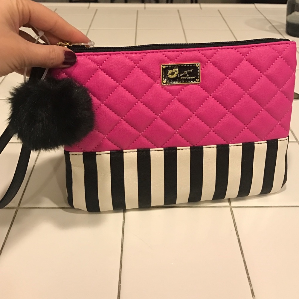 Betsy Johnson hot pink black stripe clutch
