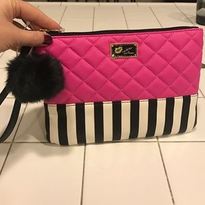 Betsy Johnson hot pink black stripe clutch