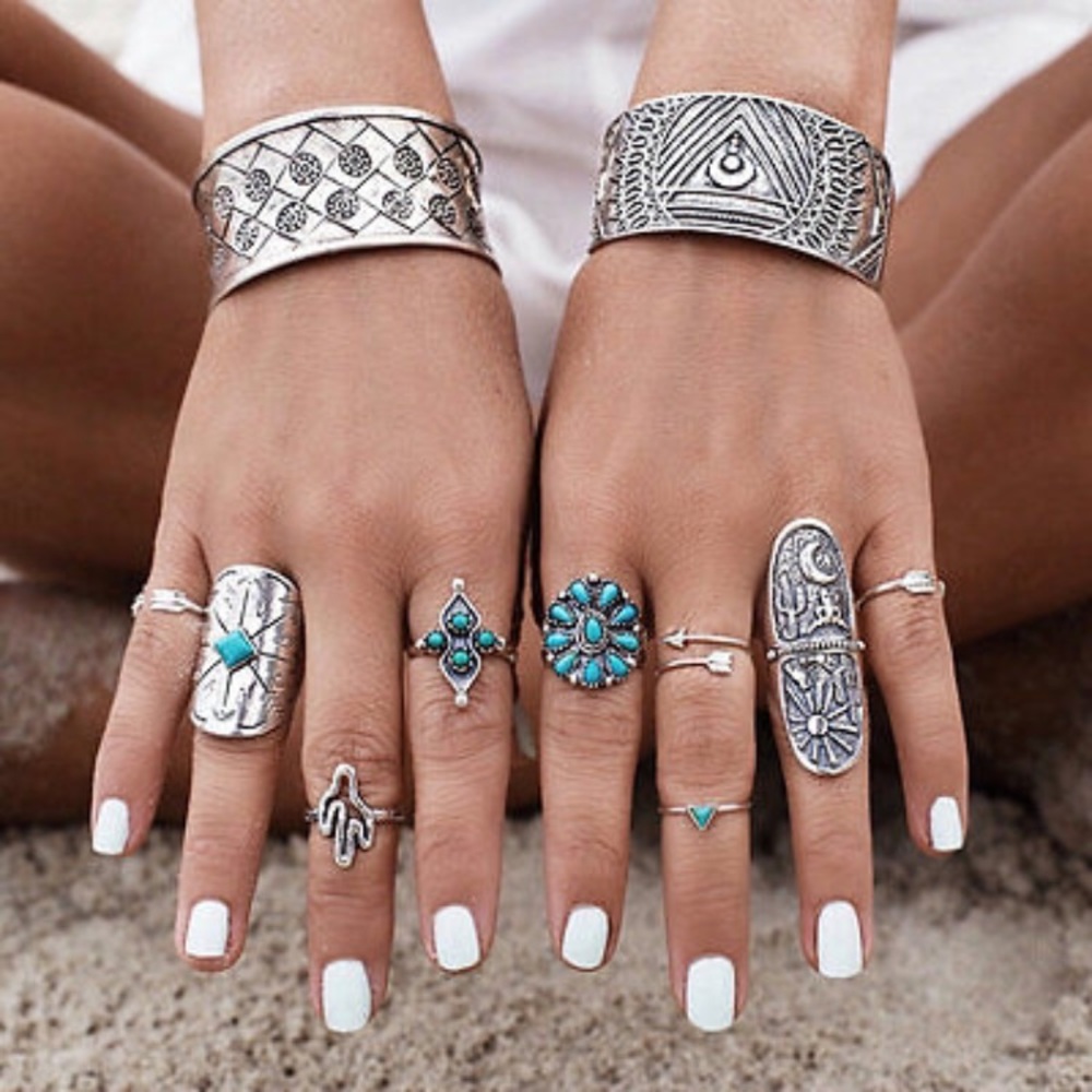 🆕 9PC Silver Boho Midi Ring Set
