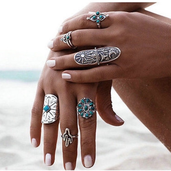 🆕 9PC Silver Boho Midi Ring Set - Picture 3 of 4