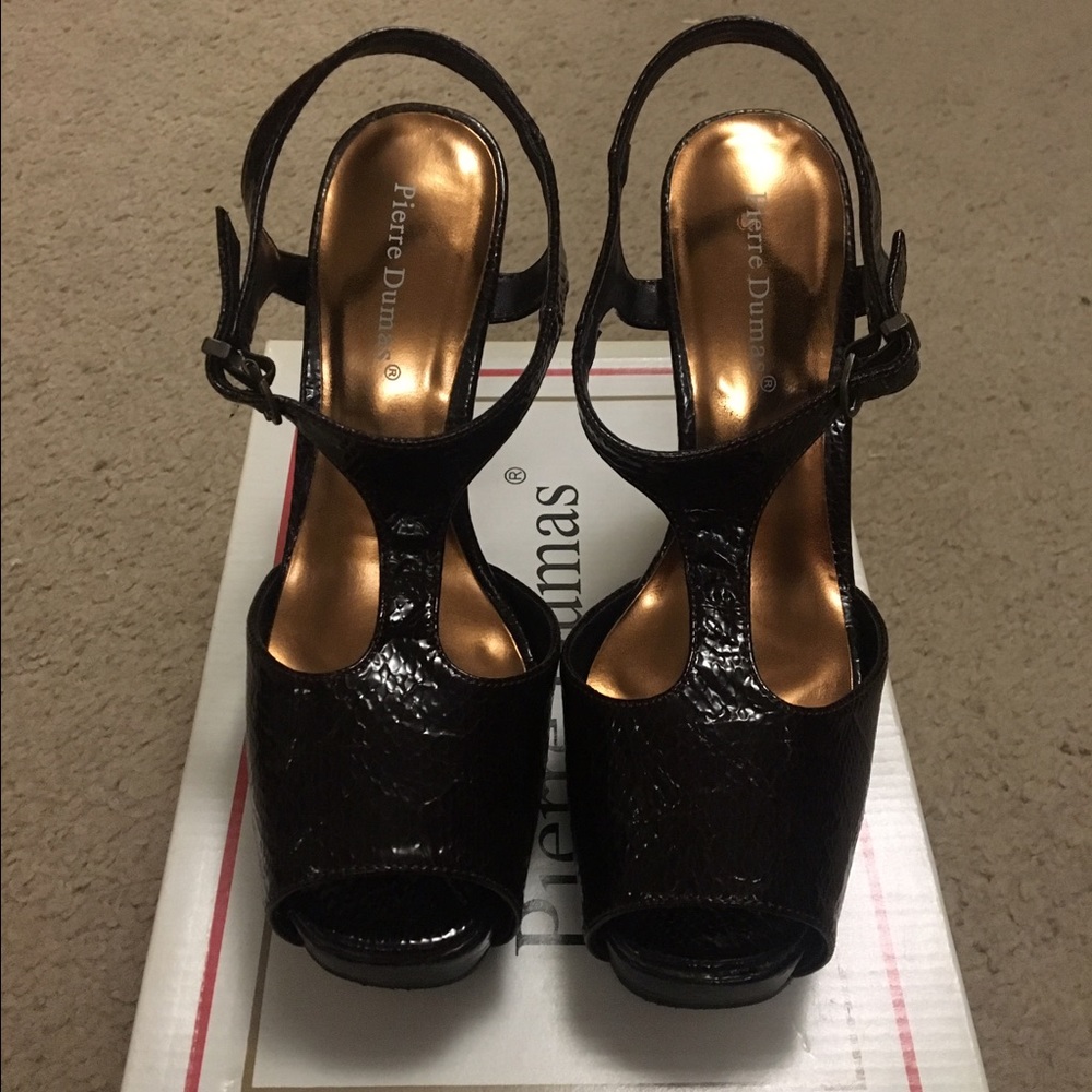 Brown peep toe platform heels