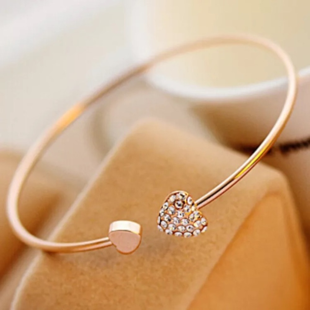 Gold Plated Rhinestone Heart Bangle Bracelet