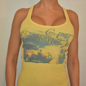 "Get Salty"
Fitted Graphic Yellow Ribbed Tank Top