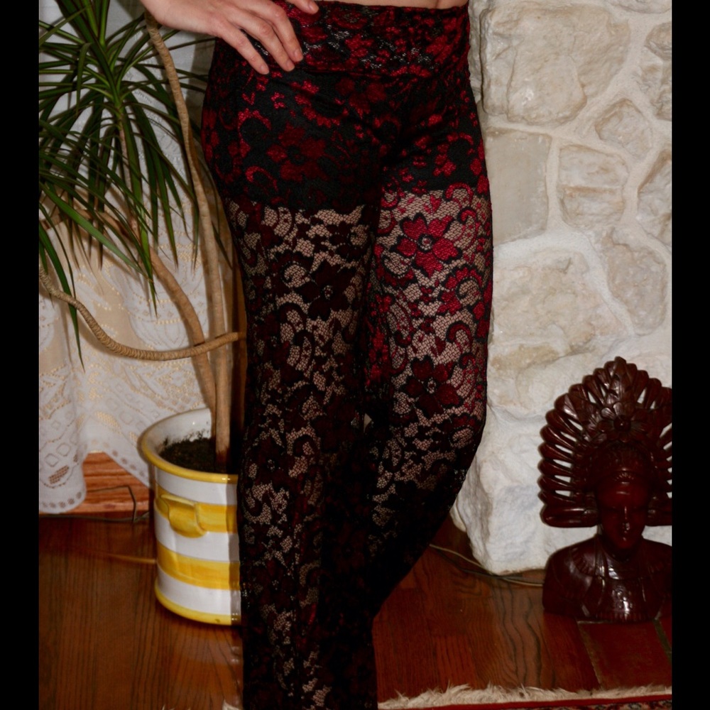 Black and wine lace pants, sheer, shorts