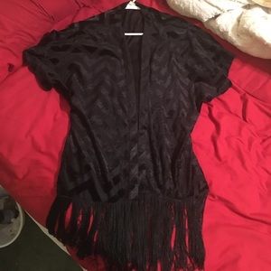 Black fringed short sleeved shawl