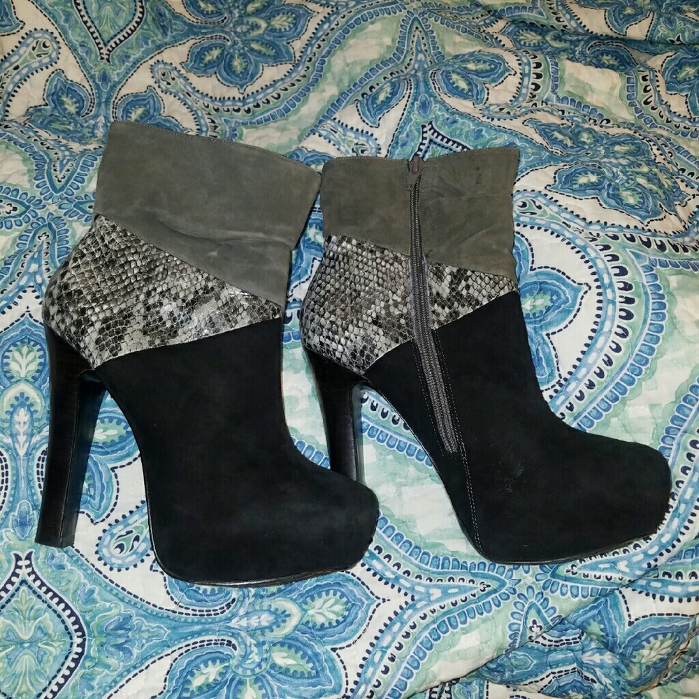 Black suede snakeskin booties