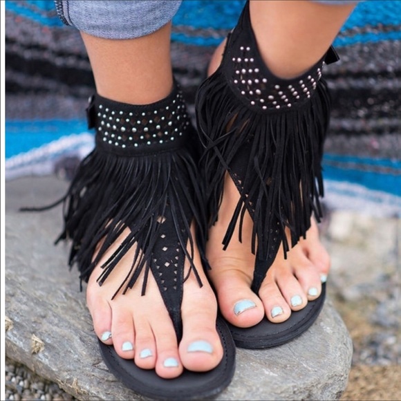 Black Fringe Gladiator Sandals - Picture 3 of 3