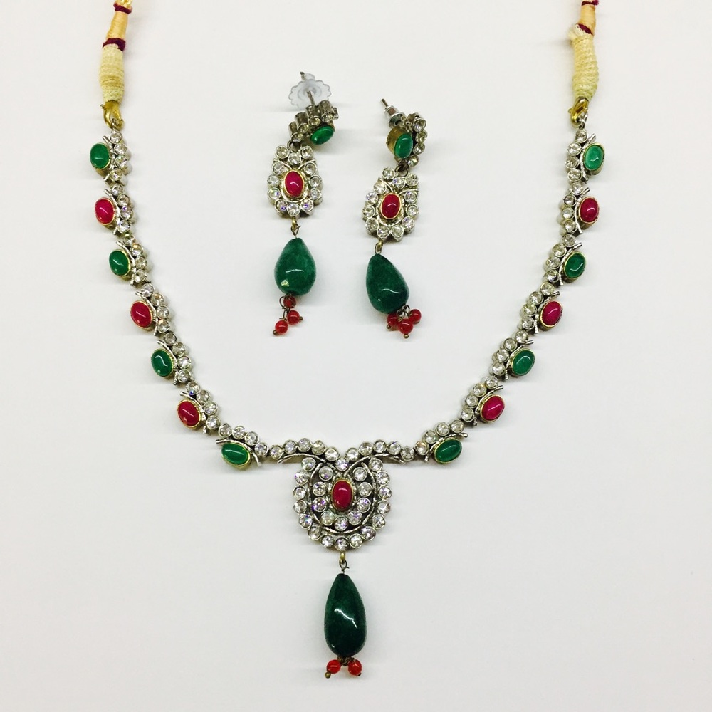 Emerald And Ruby Stone Statement Necklace Set - image 1
