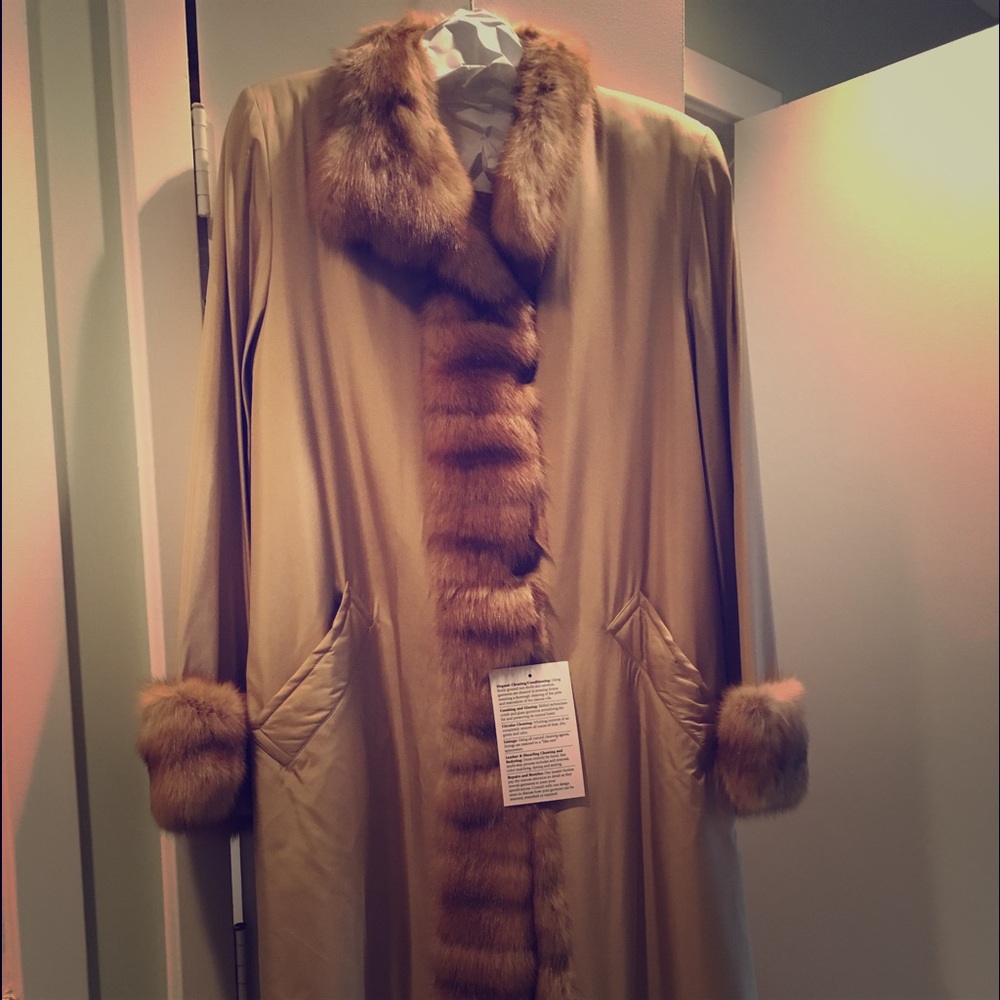 Women's designer fur-lined fur-trimmed beige coat