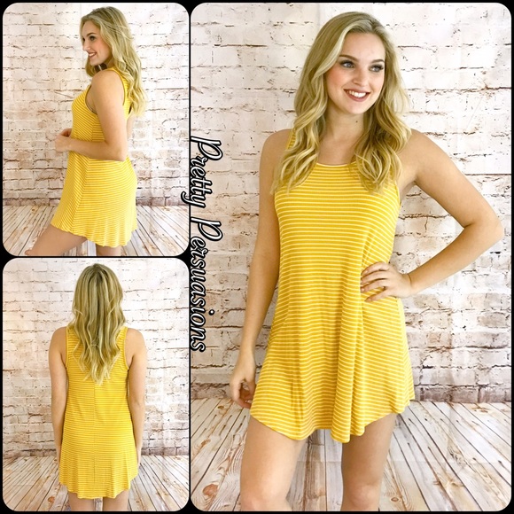 Ribbed Striped Yellow Mini Dress Tunic - Picture 2 of 4