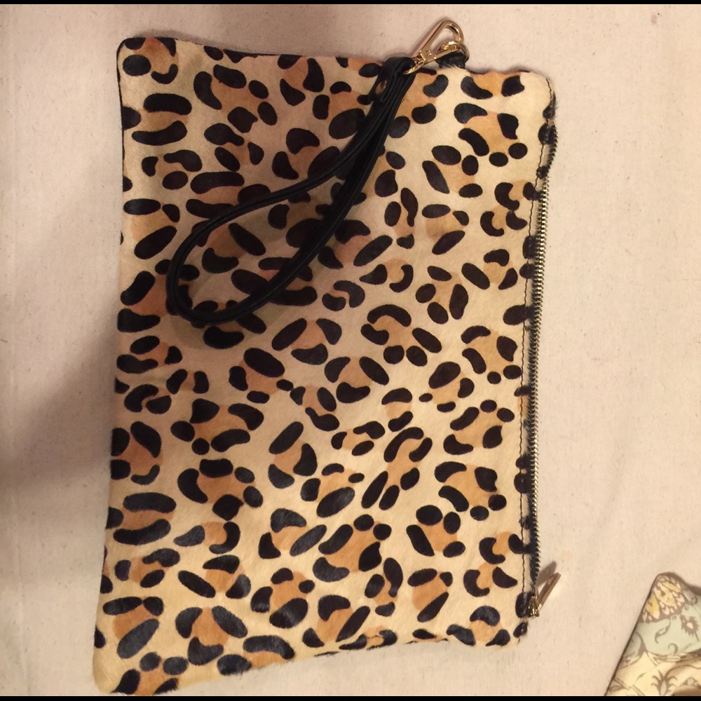 NWOT, calf hair leopard clutch