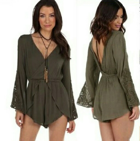 Boutique Dresses & Skirts - NEW- Olive Crochet Bell Sleeve Romper - LARGE