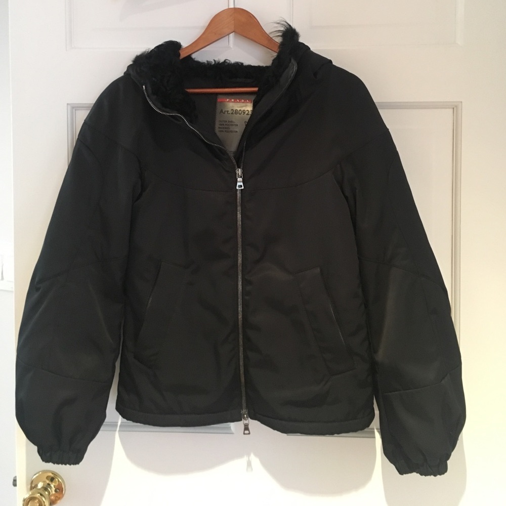 Stunning PRADA black winter jacket with hood. Sz 4