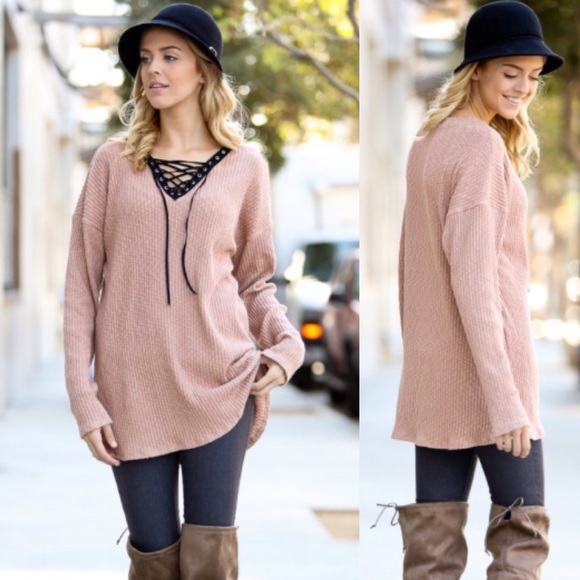 ❣️SALE-FIRM❣️ Lace Up Tie Knit Tunic Ribbed Top - Picture 2 of 3