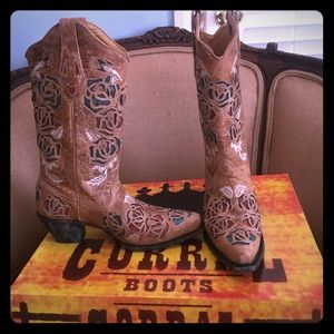 Tan Corral Cowboy Boots with turquoise and red