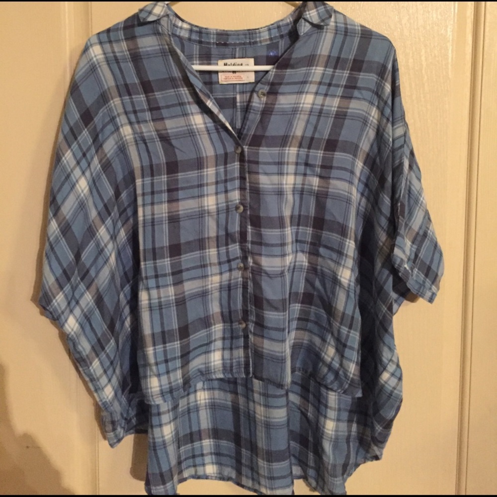 Holding horses over sized plaid button up top sm