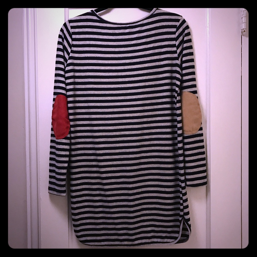 Cute Navy/Gray Striped Sweater with Elbow Patches!