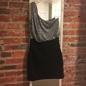 One shoulder formal dress silver top black bottom