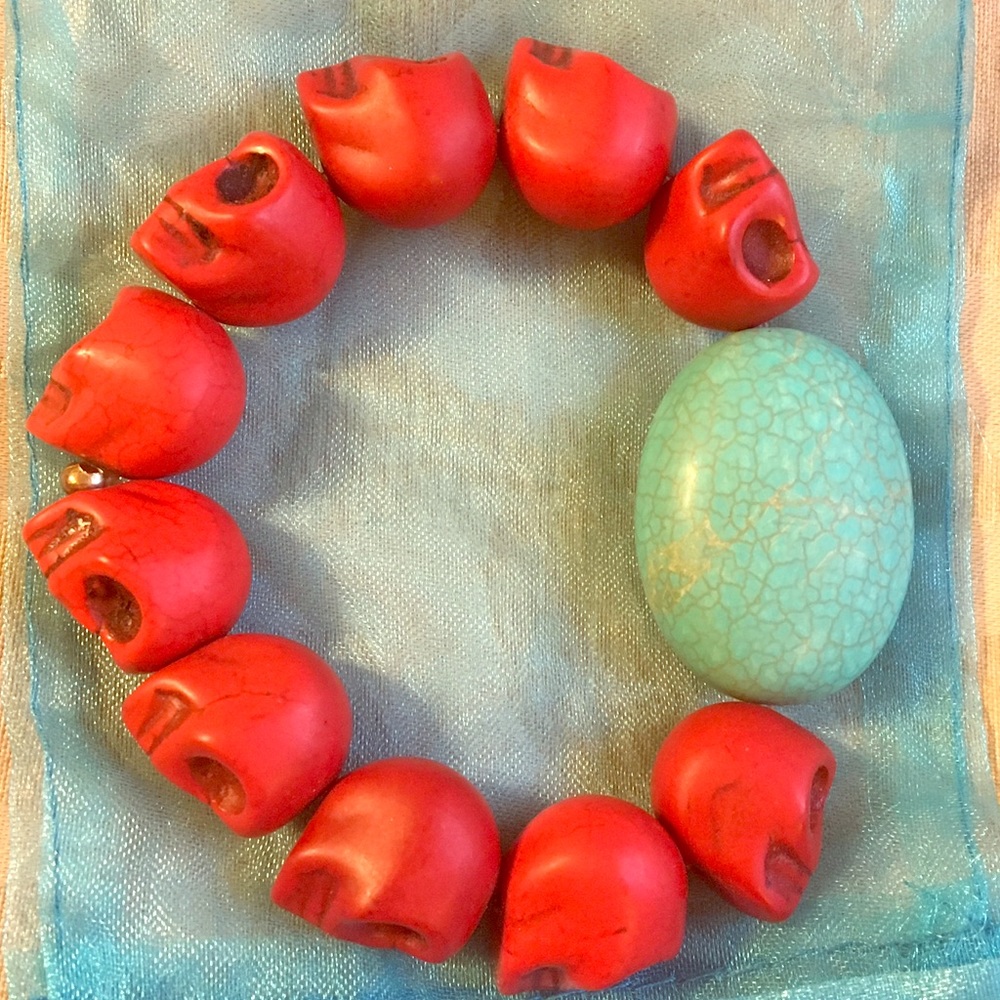 Red & Turquoise Skull & Stone Handmade Bracelet