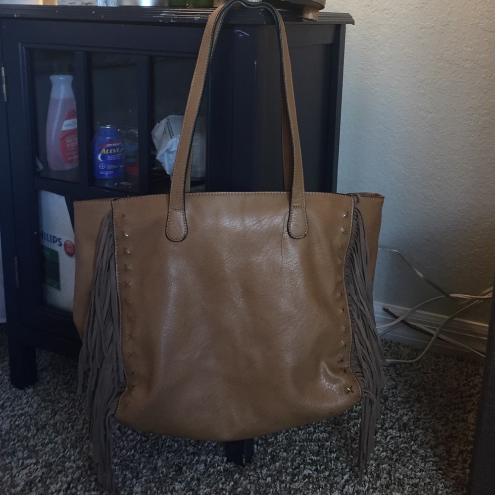 Tan leather fringe tote bag