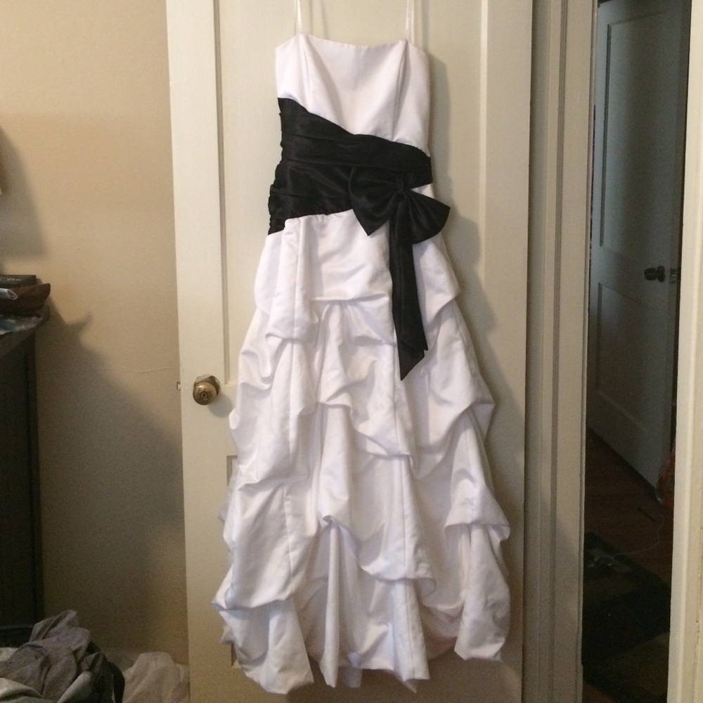 White ballgown with pickups and black sash