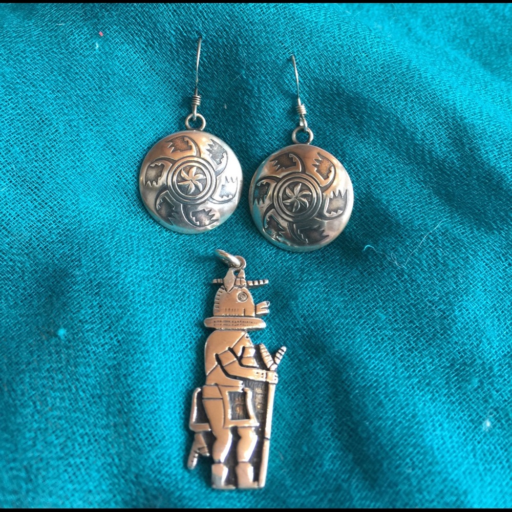 Sterling silver Aztec earrings and pendant