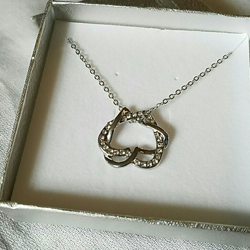 Silvertone double heart necklace CZ diamonds