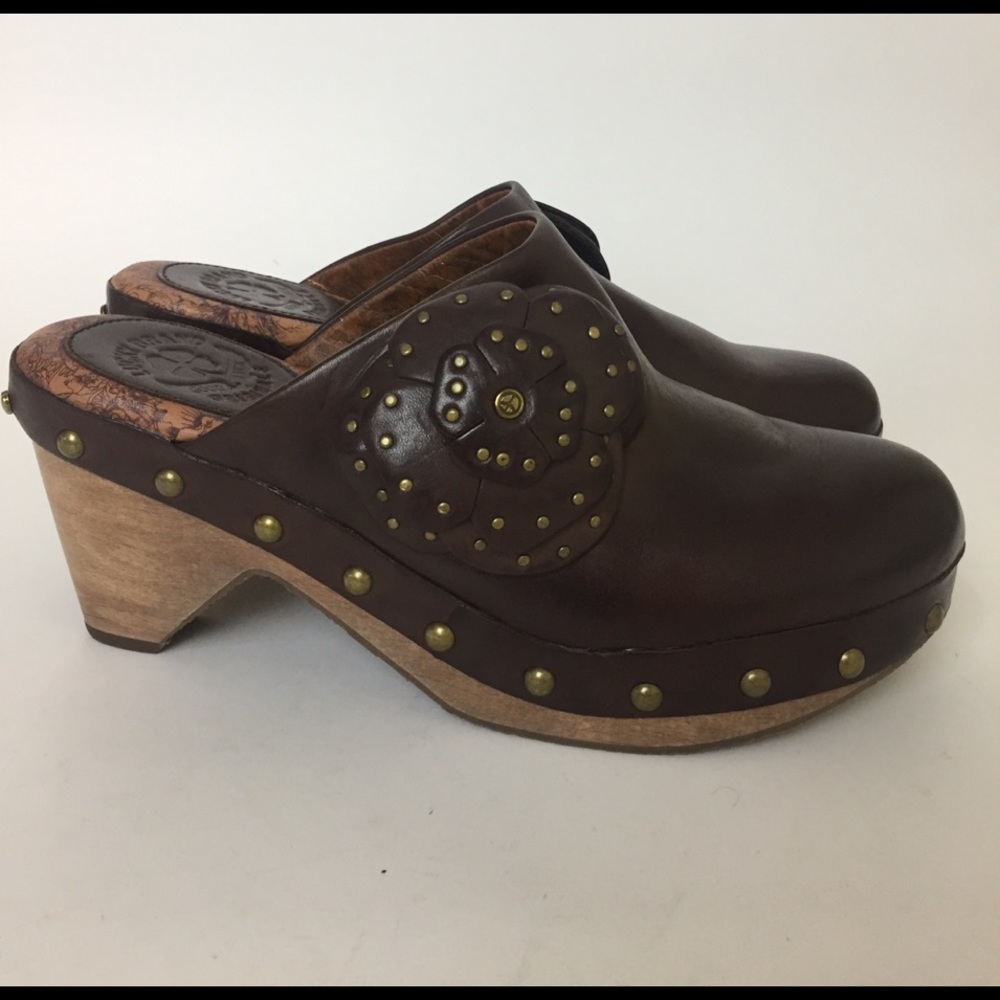Lucky Brand Women's Brown Leather Wooden Clogs 9
