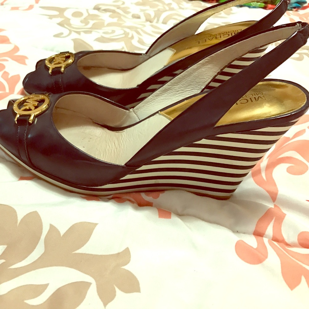Michael kors blue and tan slingback wedge