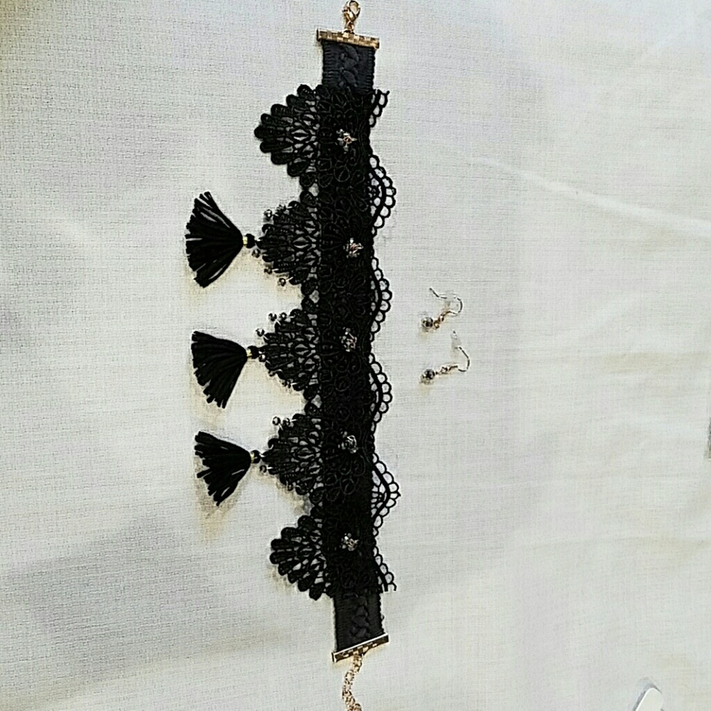 Triple Tassel charm station lace choker,