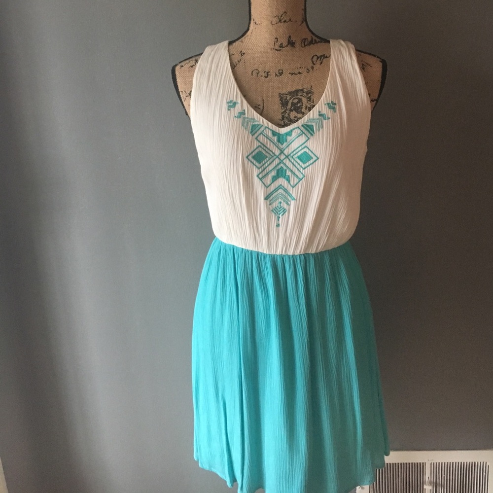 white and teal dress