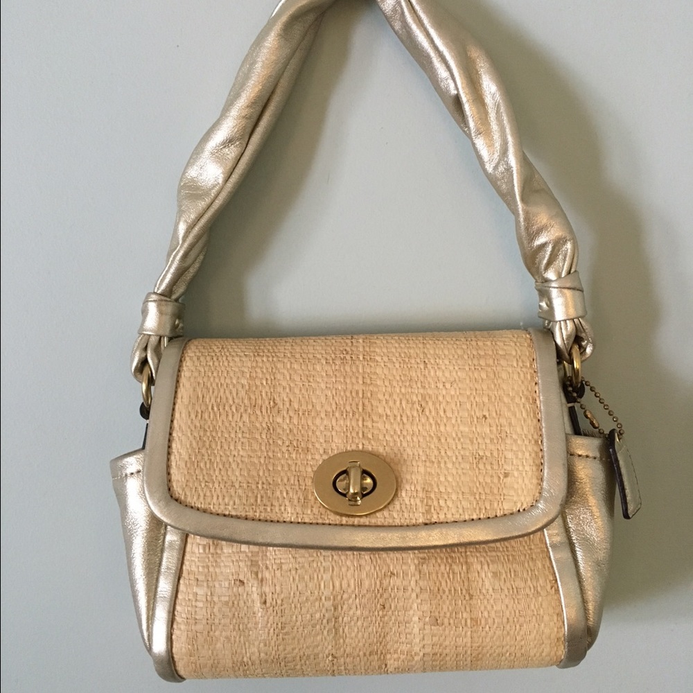 Coach gold and straw small handbag