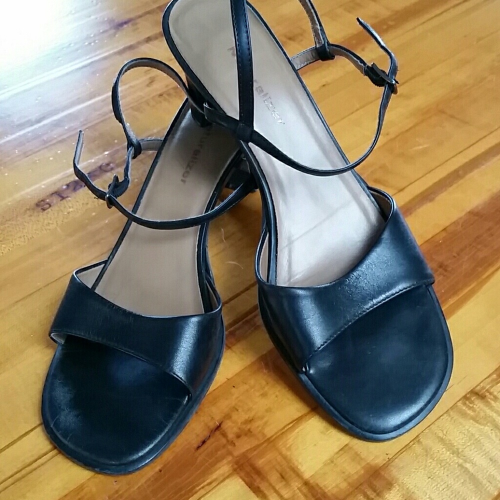 Black leather strappy heels