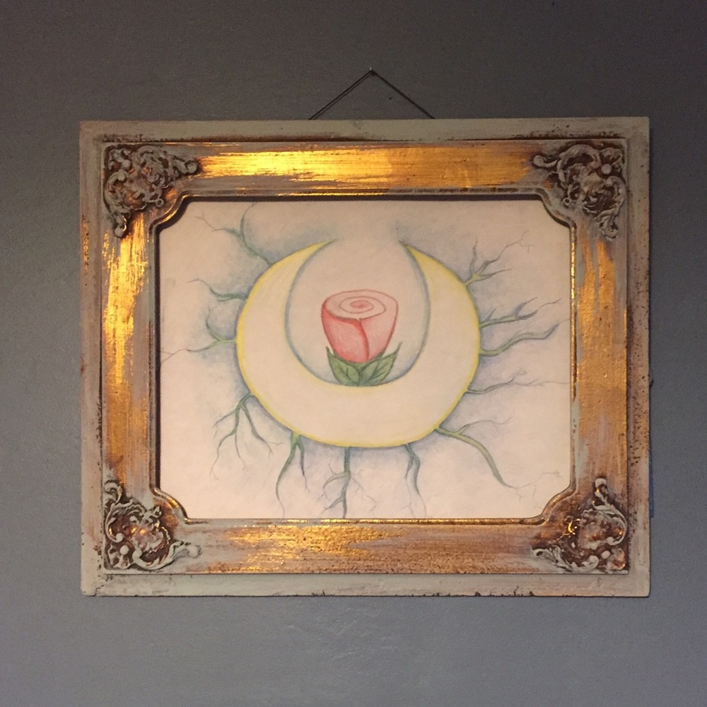 Original Art Moon & Rose Vintage Ornate Gold Frame