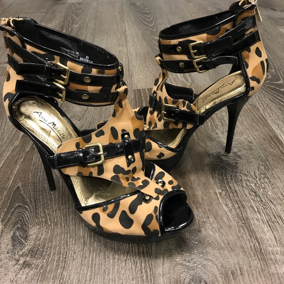 My Michelle Shoes - Animal print Ankle Strap open toe bootie heels