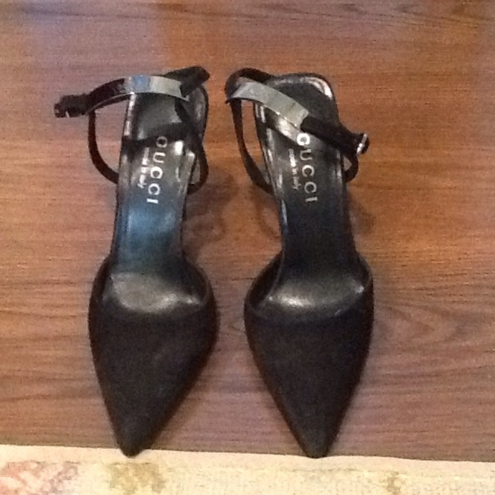 Black suede Gucci ankle strap heels