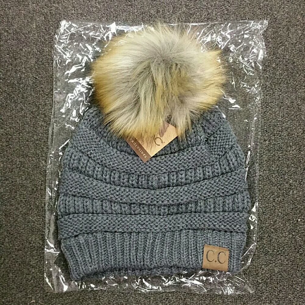 NWT CC Fur Ball Beanie Knit Hat Charcoal