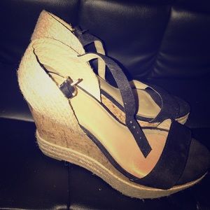 Black faux suede wedges