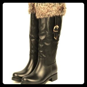 Black knee high hard toe black rain boots with fur