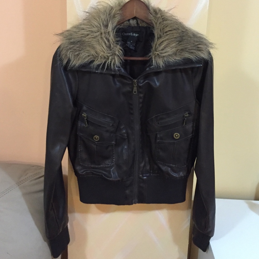 Leather jacket with faux fur