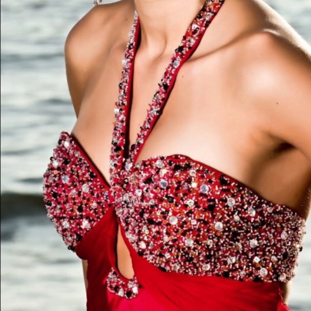 Red satin prom dress